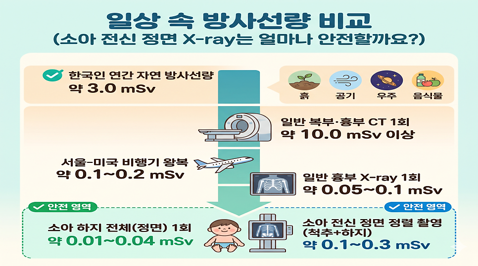 방사선량 비교 인포그래픽 – 연간 자연 방사선, 비행기 여행, 소아 하지·전신 정면 X-ray 수준